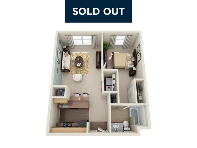Charming 3D floor plan illustrating a cozy 1-bedroom apartment with an open-concept living room and modern kitchen, complete with bathroom and ample storage.