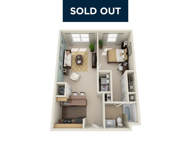 Charming 3D floor plan of a cozy apartment featuring a spacious bedroom, inviting living area, and a modern kitchen, now sold out.
