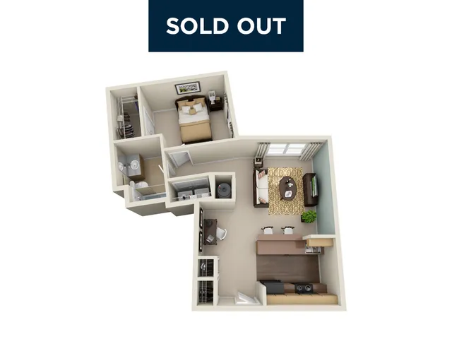 Modern 3D floor plan showcasing a cozy 1-bedroom apartment with an inviting living area, contemporary kitchen, and chic bathroom layout.