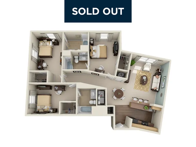 Charming 3-bedroom apartment floor plan with modern kitchen, cozy living room, and two elegant bathrooms.
