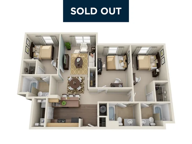 Modern 3D floor plan showcasing 3 bedrooms, cozy living area, dining space, and an elegant kitchen. Includes two sleek bathrooms, accentuating functionality and style.