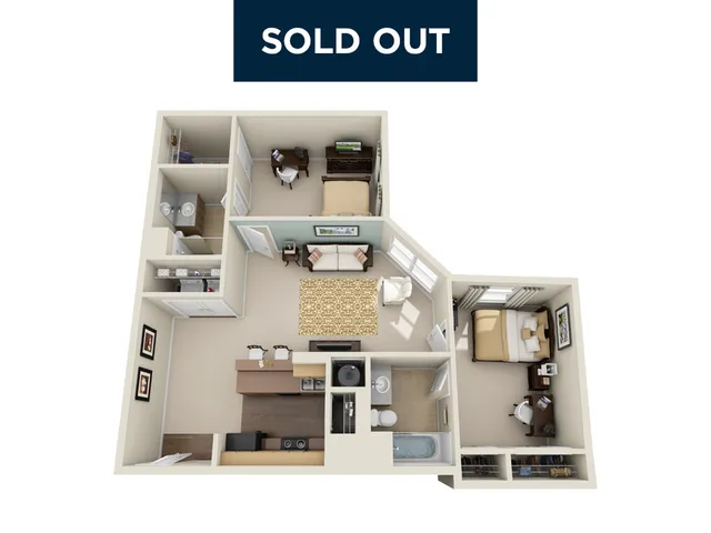 Charming 3D floor plan depicting 2 bedrooms, cozy living area, modern kitchen, and workspace nook.