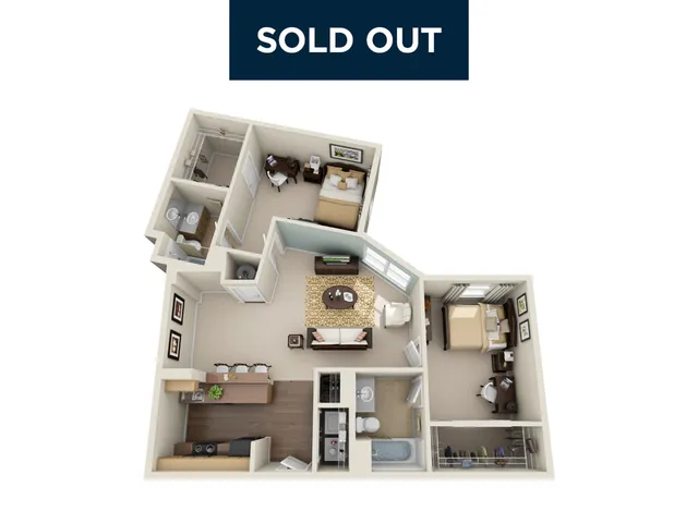 Sophisticated 3D apartment floor plan featuring two cozy bedrooms, a modern open-plan living area, and a functional kitchen, ideal for comfortable urban living.