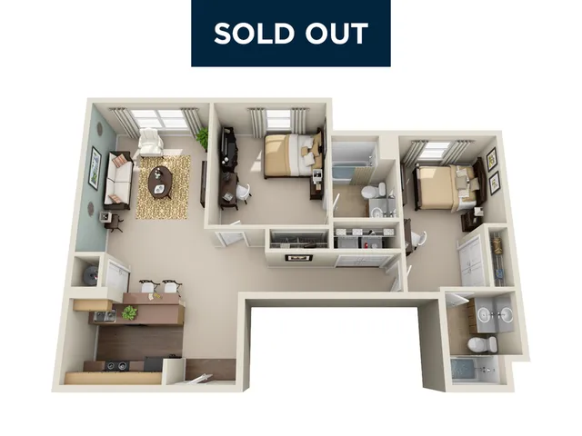 Modern 3D floor plan featuring 2 bedrooms, cozy living area, and a sleek kitchen, perfect for stylish living, now sold out.