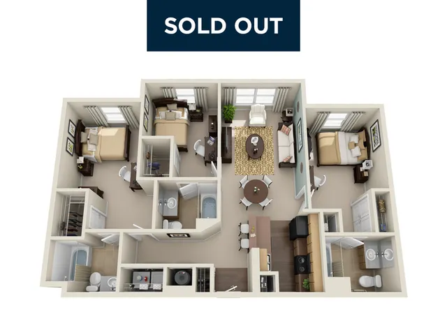 Beautiful 3D floor plan showcasing 3 bedrooms, a cozy living area, and a functional kitchen with modern accents.