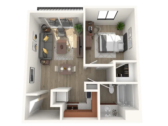Modern 3D floor plan featuring 1 bedroom, an inviting living area, and a compact kitchen, ideal for urban living.