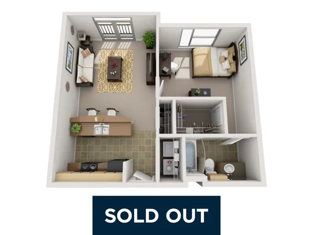 Cozy 1-bedroom apartment layout featuring an open kitchen, inviting living room, and modern bathroom, perfect for stylish urban living.