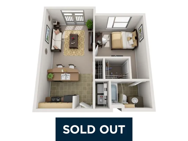 Modern 3D floor plan featuring a cozy bedroom, inviting living area, compact kitchen, and well-designed bathroom, perfect for stylish living.
