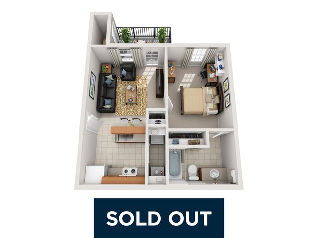 Charming 3D floor plan of a cozy one-bedroom apartment with an inviting living area, modern kitchen, and private balcony.