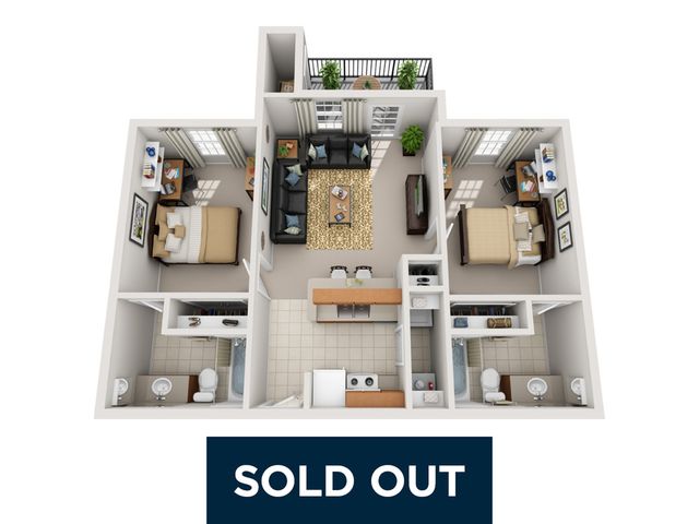 Modern 3D floor plan of a sold-out apartment featuring two bedrooms, bright living area with balcony, open kitchen, and two bathrooms.