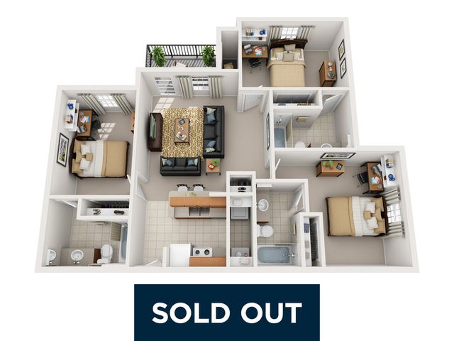 Charming 3D floor plan showcasing 3 bedrooms, a cozy living room, a modern kitchen, and 2 bathrooms with a balcony in a sold-out listing.