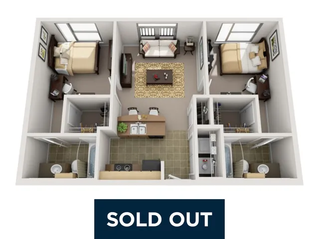 Modern 3D floor plan showcasing 2 cozy bedrooms, inviting living room, and a functional kitchen layout, now sold out.