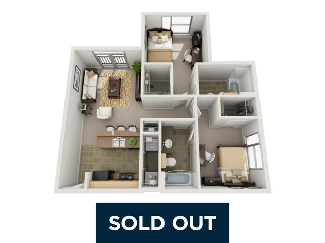 Modern 3D floor plan displaying a cozy 2-bedroom apartment with an open living area, efficient kitchen, and dual bathrooms, offering stylish comfort.