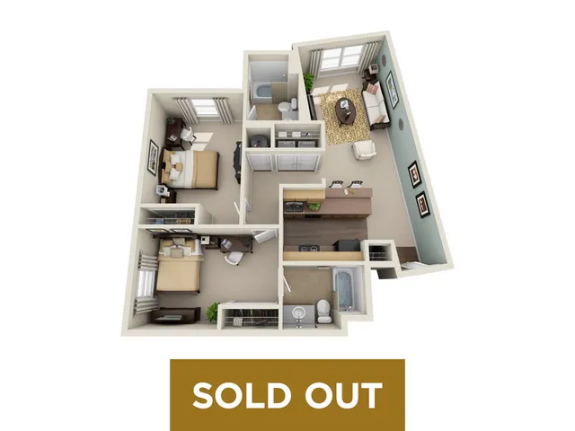 Contemporary 3D floor plan featuring two cozy bedrooms, a stylish living room, and a modern kitchen, highlighted by abundant natural light.