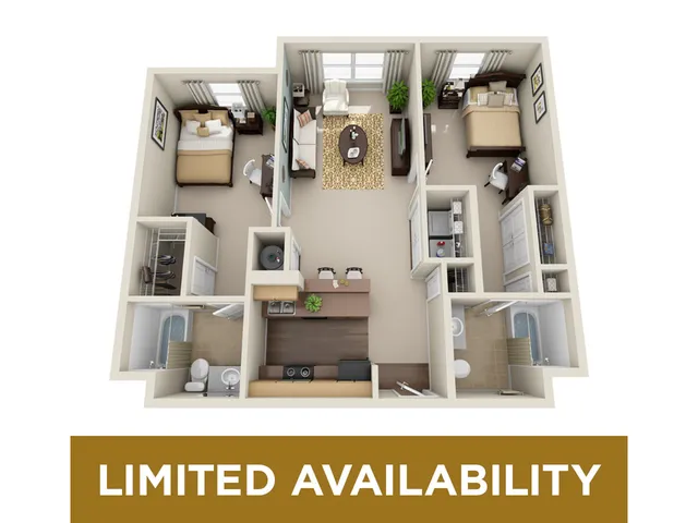 Chic 3D floor plan with two cozy bedrooms, elegant open-concept living room, modern kitchen, and two stylish bathrooms. Limited availability.