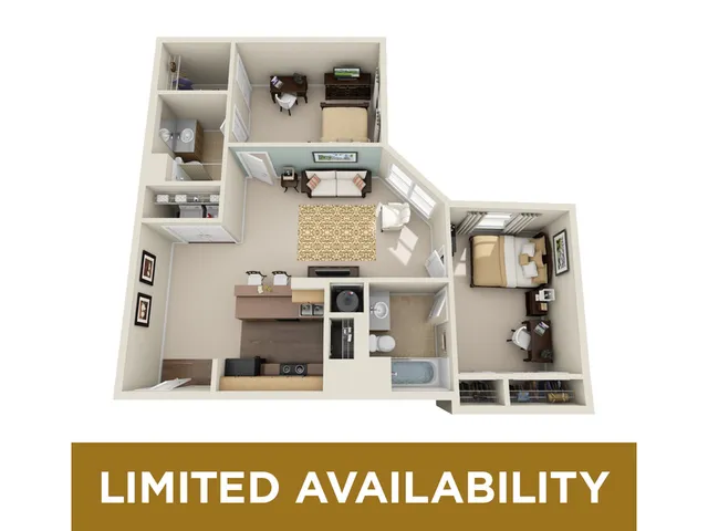 Inviting 2D floor plan highlighting 2 bedrooms, cozy living area, modern kitchen, and elegant bath. Limited availability.