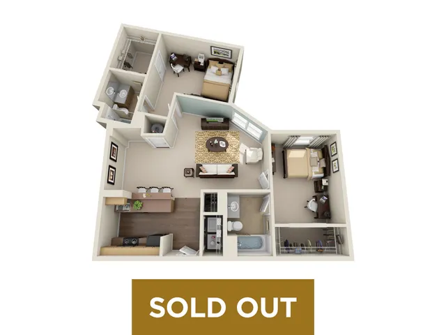 Chic 3D floor plan showcasing a sophisticated 2-bedroom apartment with an open-concept living and kitchen area, modern bathrooms, and abundant natural light.