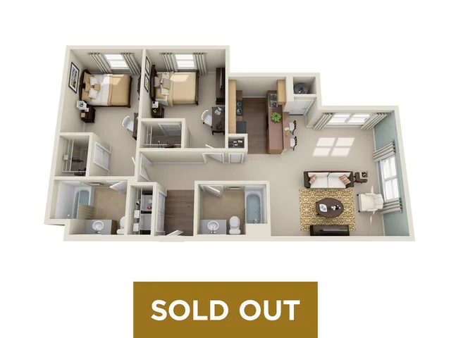 Modern 3D floor plan featuring 2 cozy bedrooms, a spacious living room, and a sleek kitchen, complete with sold-out status.
