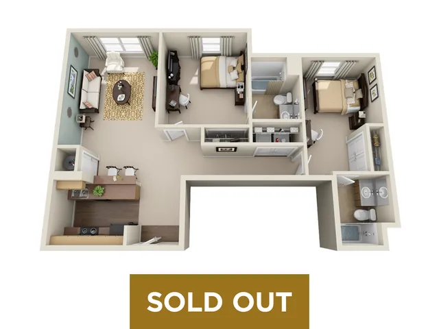 Modern 3D floor plan highlighting 2 bedrooms, cozy living space, functional kitchen, and 2 bathrooms, now sold out.