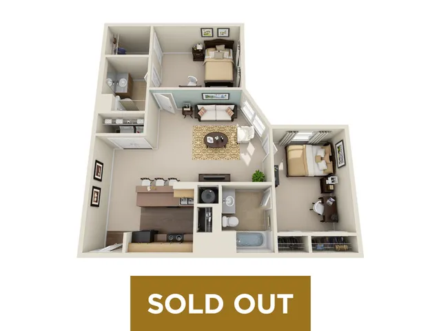 Modern 3D floor plan with 2 bedrooms, cozy living area, sleek kitchen, and two bathrooms, now sold out.