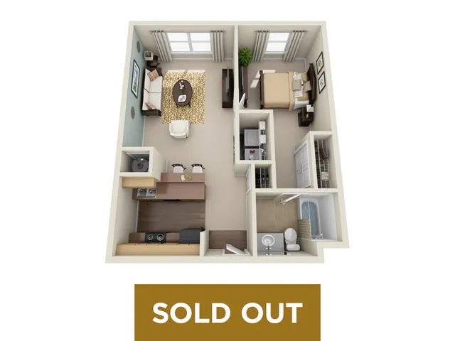Cozy 3D floor plan showcasing an inviting one-bedroom apartment with a combined living and dining area. Features include a modern kitchen, spacious bedroom, and a stylish bathroom. Sold out unit perfect for contemporary living.