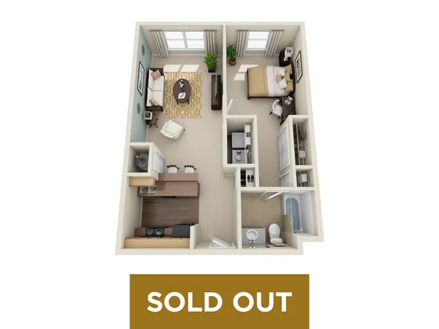 Modern 3D floor plan showcasing a cozy one-bedroom apartment with an inviting living area, spacious kitchen, and elegant bathroom.