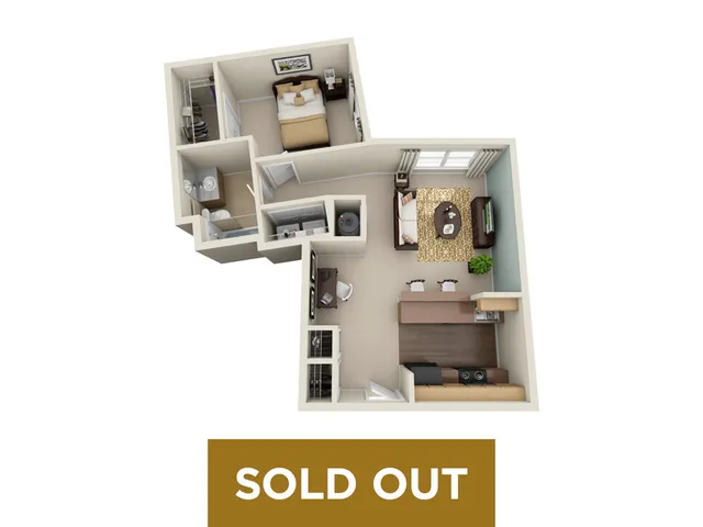 Chic 3D floor plan showcasing a modern 1-bedroom apartment with an open-concept living area and a sleek kitchen, now sold out.