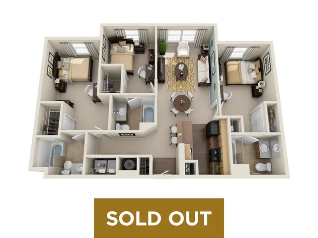 Spacious 3D floor plan showcasing two cozy bedrooms, an inviting open-concept living area, a modern kitchen, and two bathrooms. Features elegant furnishings, ample storage, and contemporary design elements. Sold out indication highlighting high demand.
