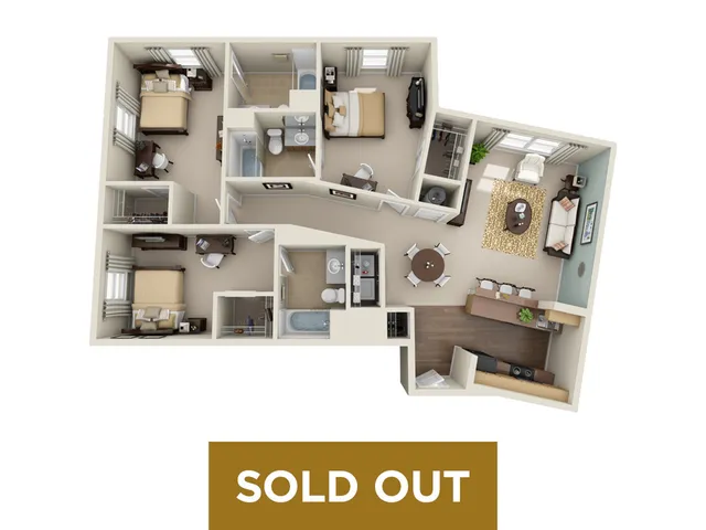 Modern and spacious 3D floor plan with three elegantly designed bedrooms, two luxurious bathrooms, an open-concept kitchen, and a cozy living area. Perfect for contemporary living.