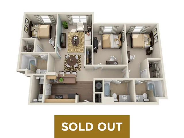 Welcoming 3D floor plan featuring 3 spacious bedrooms, a stylish living area, modern kitchen with island, and two elegant bathrooms. Sold Out sign displayed in bold, golden letters.