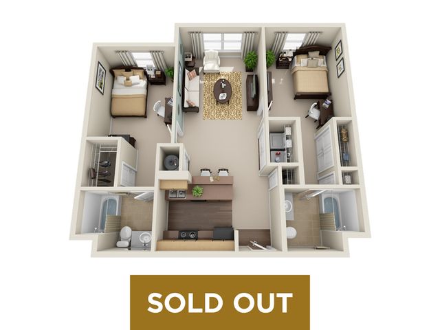 Modern 3D floor plan showcasing 2 cozy bedrooms, a stylish living area, and a functional kitchen. Sold out unit offers a blend of comfort and elegance.