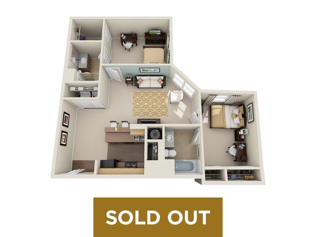 Charming 3D floor plan featuring 2 bedrooms, cozy living area, modern kitchen, and 2 stylish bathrooms. Compact design with efficient space management.