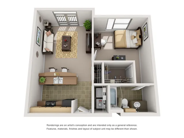 Charming 3D floor plan showcasing a cozy 1-bedroom apartment with an open-concept kitchen and living area, modern bathroom, and ample storage.