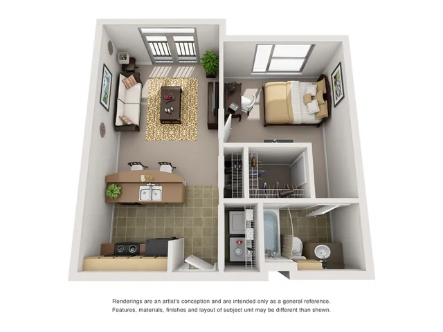 Cozy 3D floor plan featuring 1 bedroom, inviting living area, modern kitchen, and well-appointed bathroom.