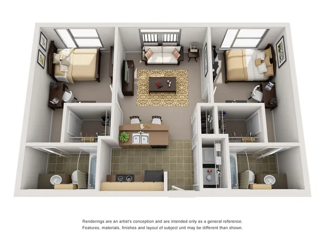 Modern 3D floor plan showcasing a cozy two-bedroom apartment with an open living area, efficient kitchen, and two compact bathrooms.