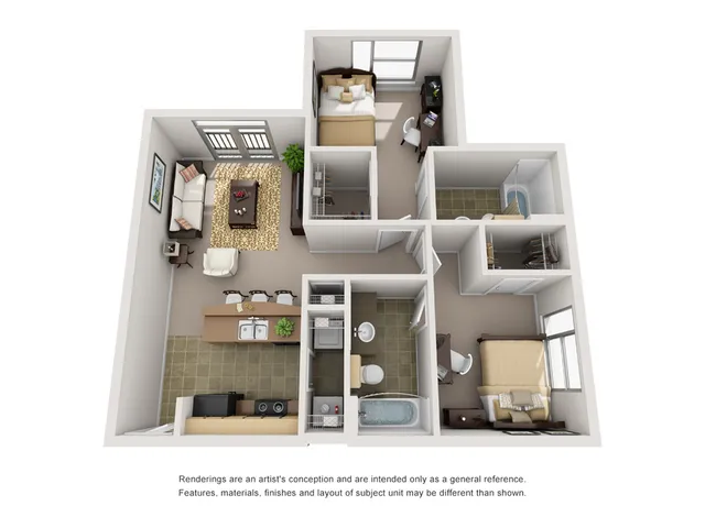 Modern 3D floor plan showcasing a stylish apartment with two bedrooms, a well-lit living room, an elegant kitchen with an island, and two bathrooms.