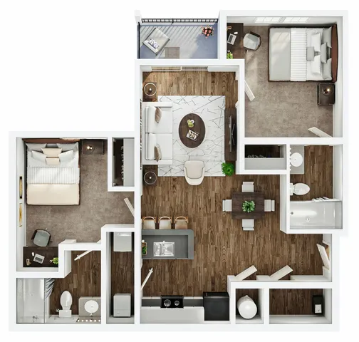 Elegant floor plan showcasing a modern 2-bedroom apartment, featuring a spacious open-concept kitchen and living area, stylish bedrooms, and a cozy balcony space.