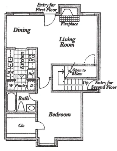 Charming floor plan showcasing a cozy bedroom, spacious living room with a fireplace, an elegant dining area, and a modern kitchen. Includes a stylish bathroom and convenient dual-entry access.