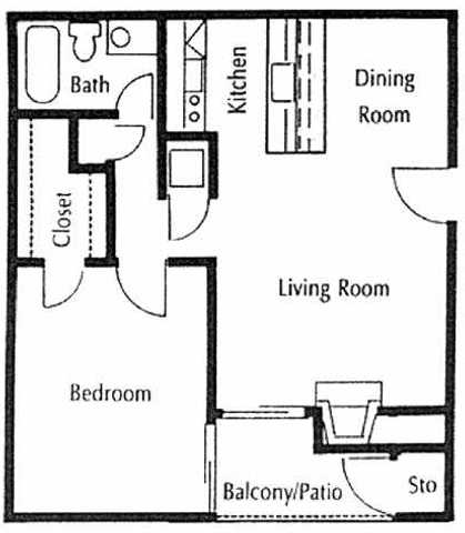 Charming 1-bedroom floor plan featuring a cozy living room, dining area, well-appointed kitchen, and private balcony.