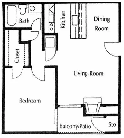 Charming floor plan featuring a cozy bedroom, modern kitchen, spacious living and dining area, plus a balcony for outdoor enjoyment.