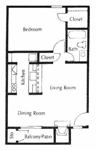 Inviting floor plan with one bedroom, spacious living and dining areas, modern kitchen, and a cozy balcony patio.