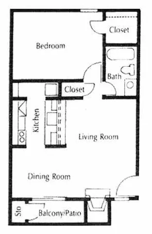 Charming apartment floor plan with 1 bedroom, open living and dining areas, kitchen, and a cozy balcony/patio.