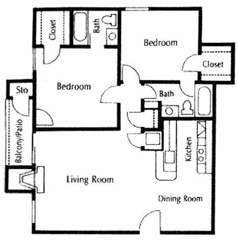 Charming floor plan featuring 2 cozy bedrooms, a spacious living room, modern kitchen, and convenient dining area with two bathrooms. Includes balcony/patio for outdoor relaxation.
