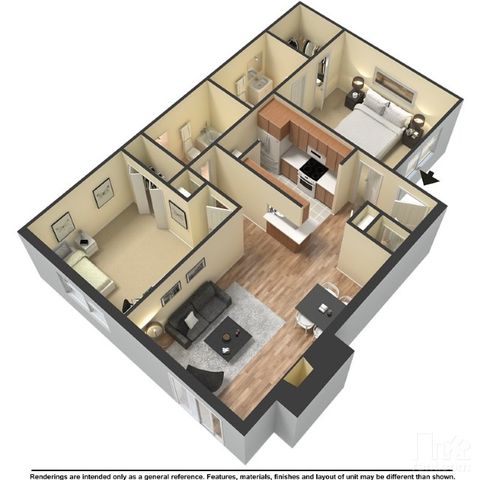 Modern 3D floor plan showcasing a cozy apartment with two bedrooms, a stylish open kitchen, and an inviting living area.