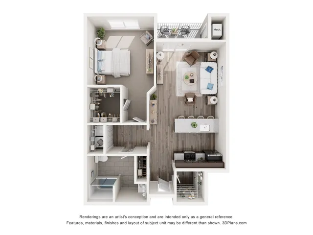 Modern 1-bedroom apartment floor plan with sleek open-concept living and kitchen areas, stylish balcony, and convenient walk-in closet.