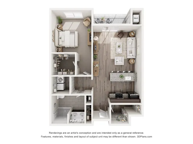 Contemporary floor plan showcasing a cozy bedroom, elegant living area, modern kitchen, and chic balcony space.