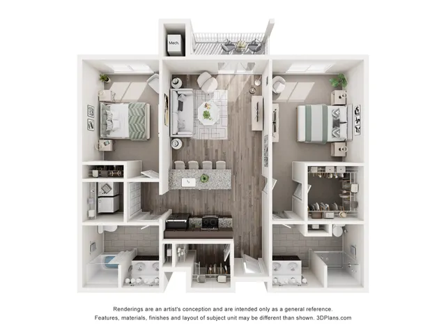 Modern floor plan featuring two spacious bedrooms, an inviting open-concept living and dining area, and a sleek kitchen with a large island.