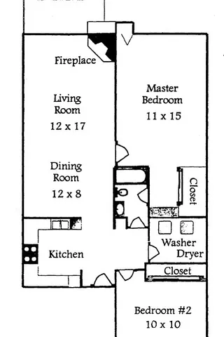 Inviting 2D floor plan showcasing a cozy living room with fireplace, modern kitchen, and two comfortable bedrooms, including a spacious master suite.