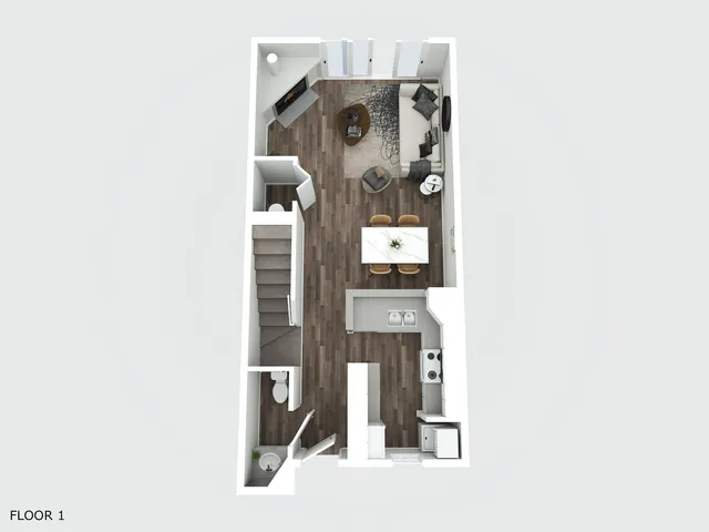 Contemporary floor plan showcasing an open-concept living and dining area, modern kitchen, and cozy lounge space on the first floor.