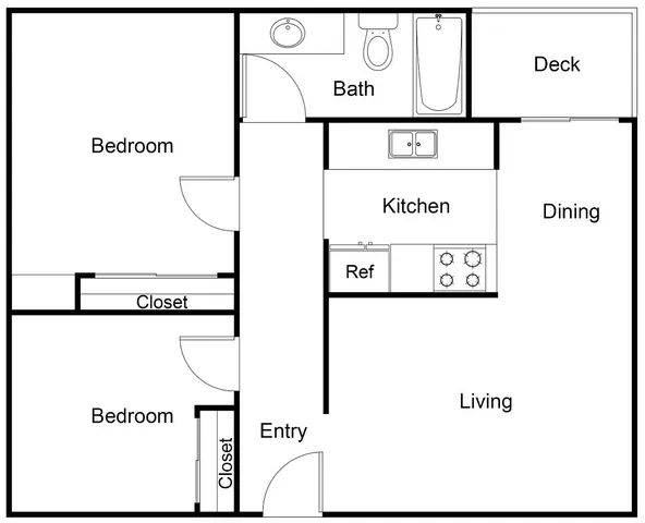 Contemporary 2-bedroom floor plan with open kitchen, dining, and living area, featuring a private deck and ample storage.